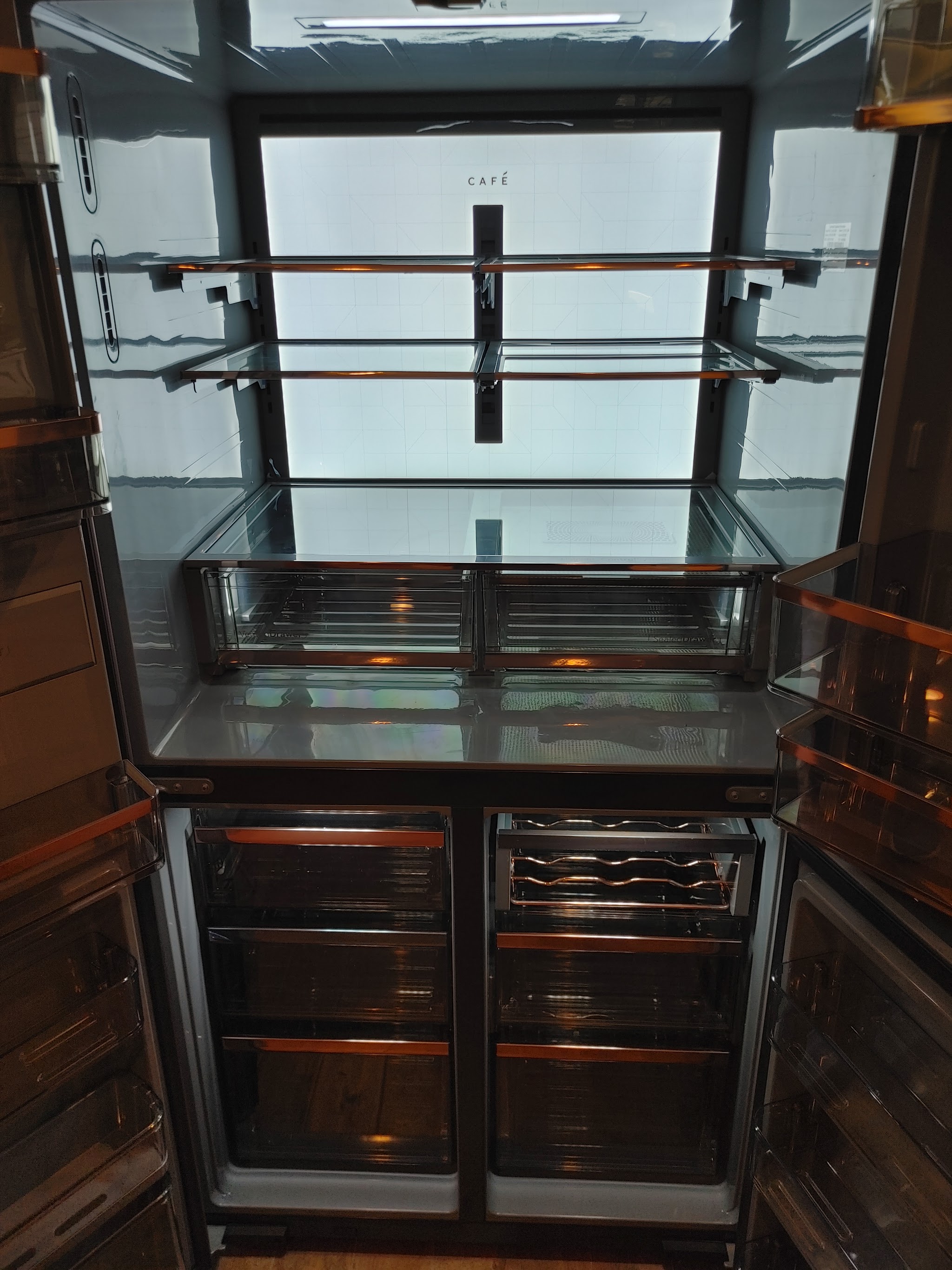 Inside a stainless refrigerator