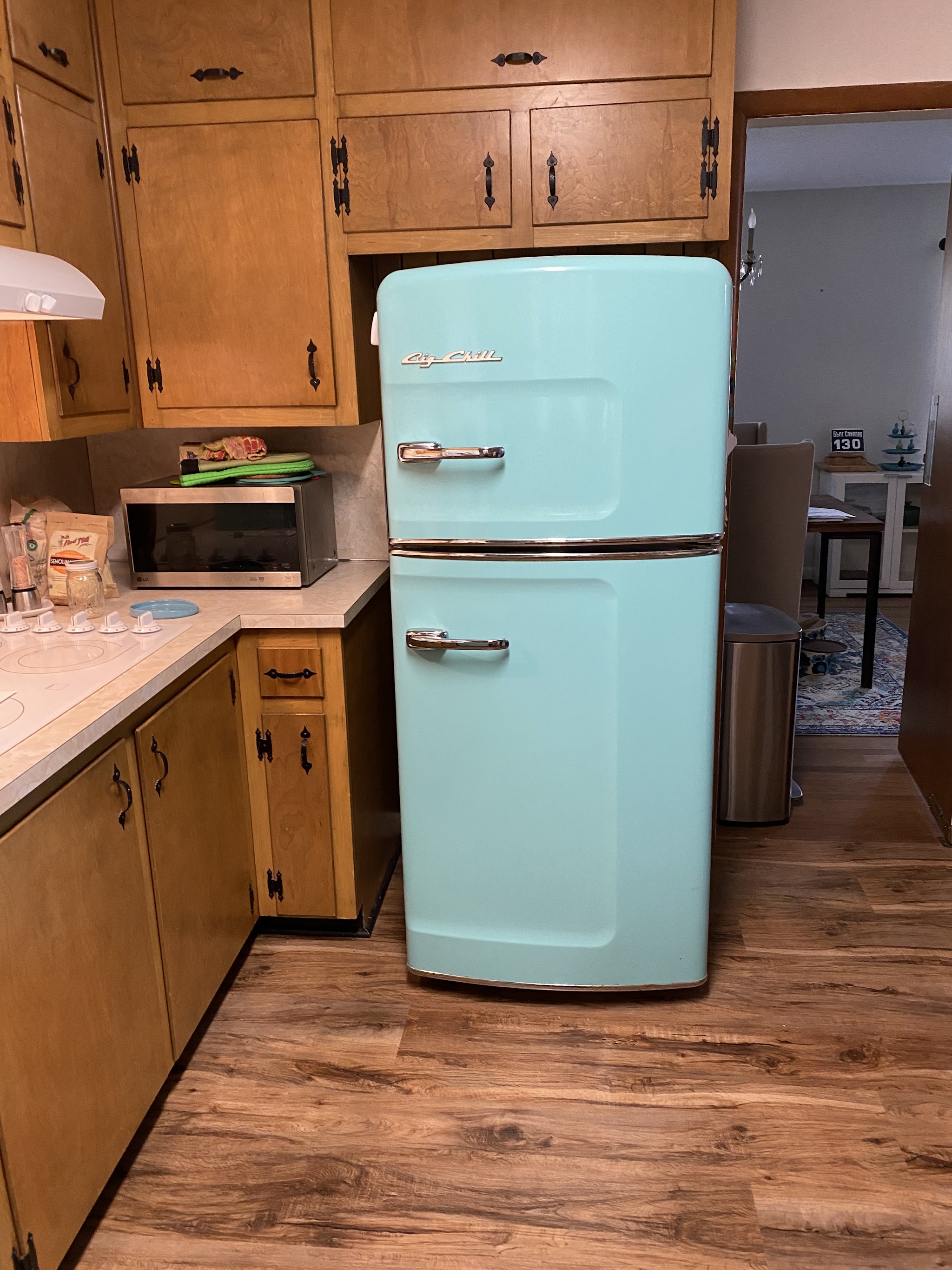 Retro turquoise refrigerator in a kitchen